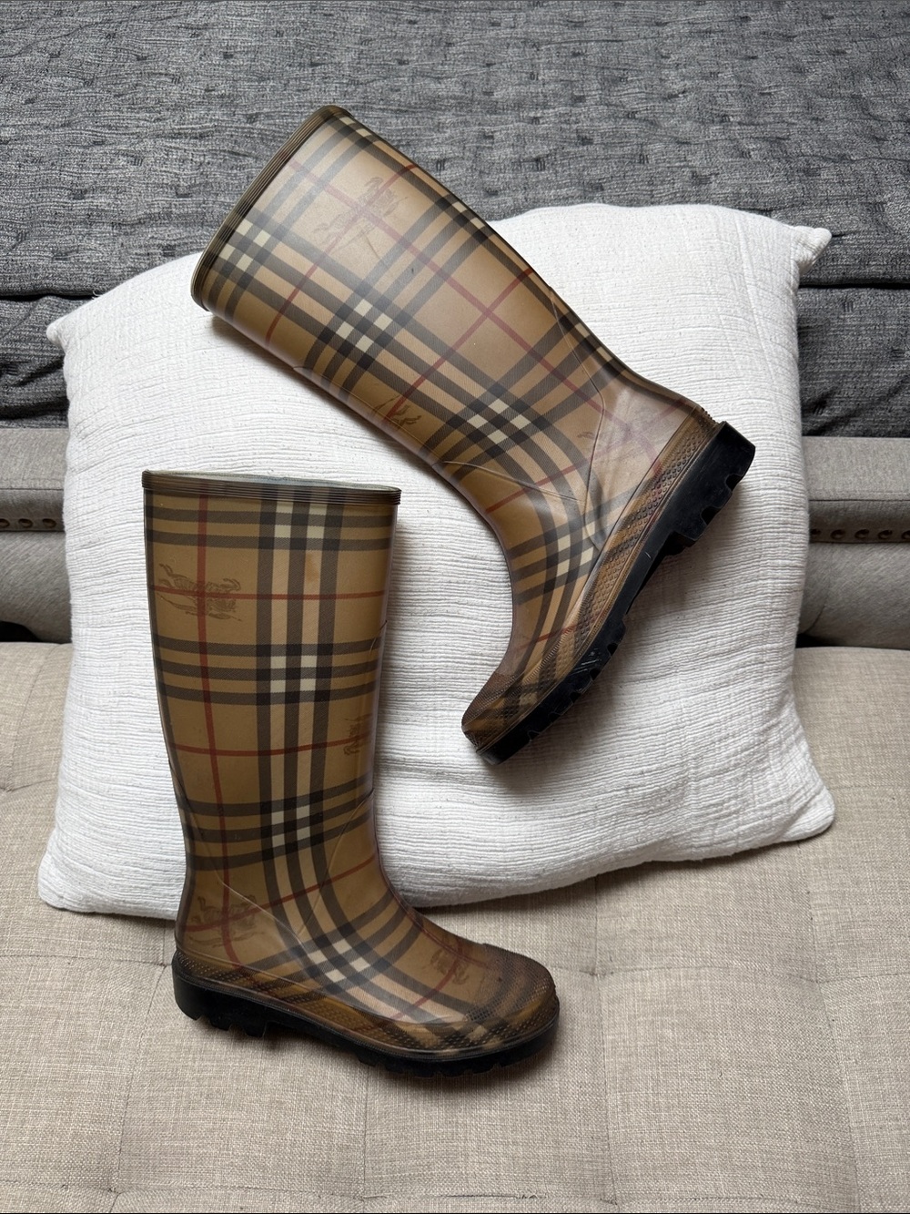 Burberry Tan & Black Plaid Knee-High Rain Boots
